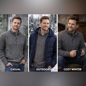 Aran Crafts Ireland 100% Merino Wool Cable Knit Sweater Mens L Gray